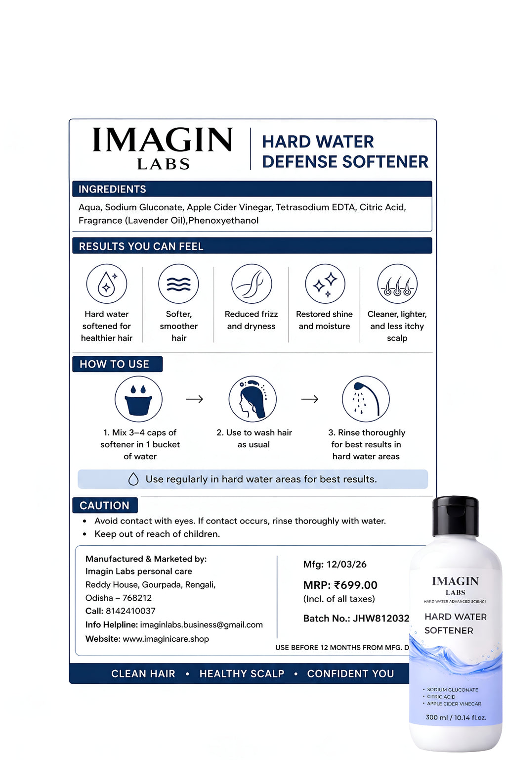 IMAGIN LABS Hard Water Softener Liquid 300ml | Reduces Hair Fall & Skin Itching | Sodium Gluconate + Citric Acid Formula | For Men, Women & Kids