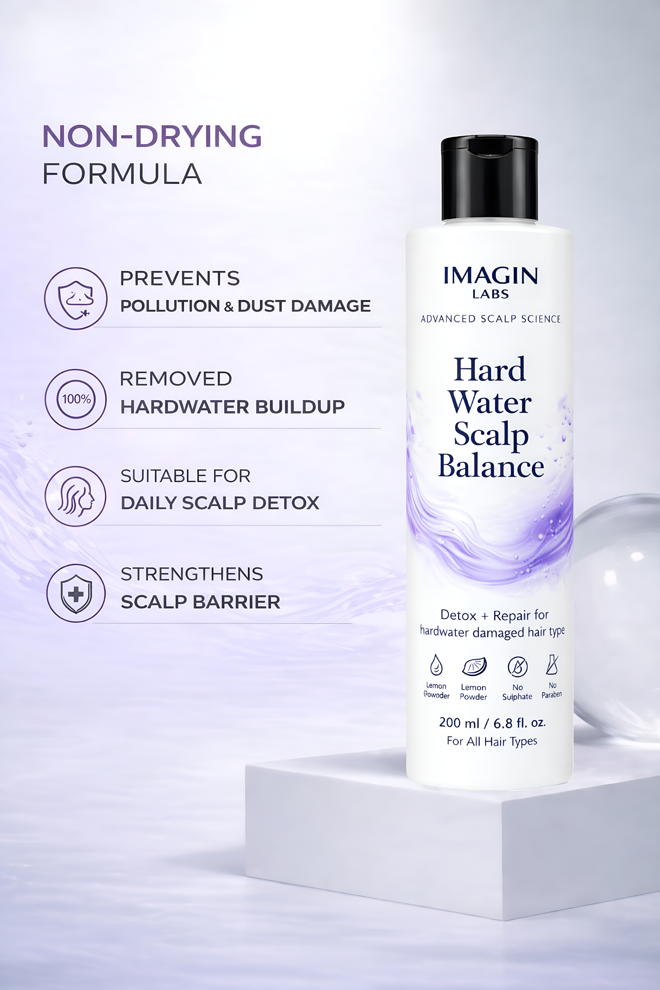IMAGIN LABS Hard Water Shampoo 200ml | Reduces Hair Fall & Frizz | Chelating Mineral Removal | Sulphate & Paraben Free