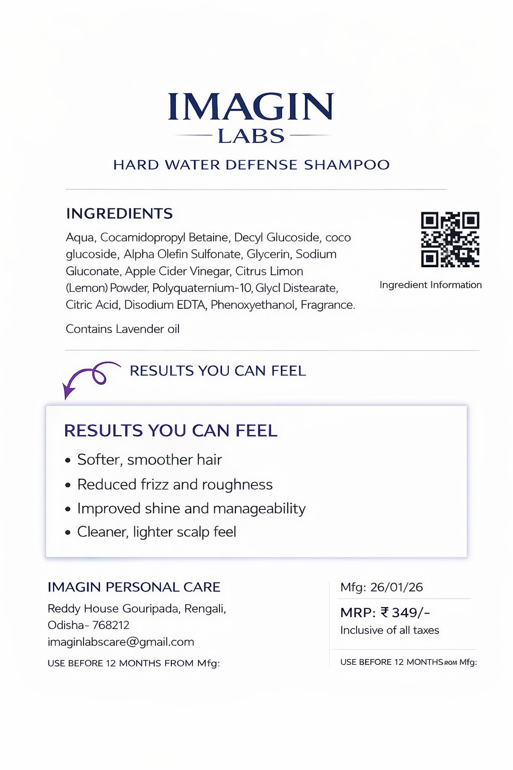 IMAGIN LABS Hard Water Shampoo 200ml | Reduces Hair Fall & Frizz | Chelating Mineral Removal | Sulphate & Paraben Free