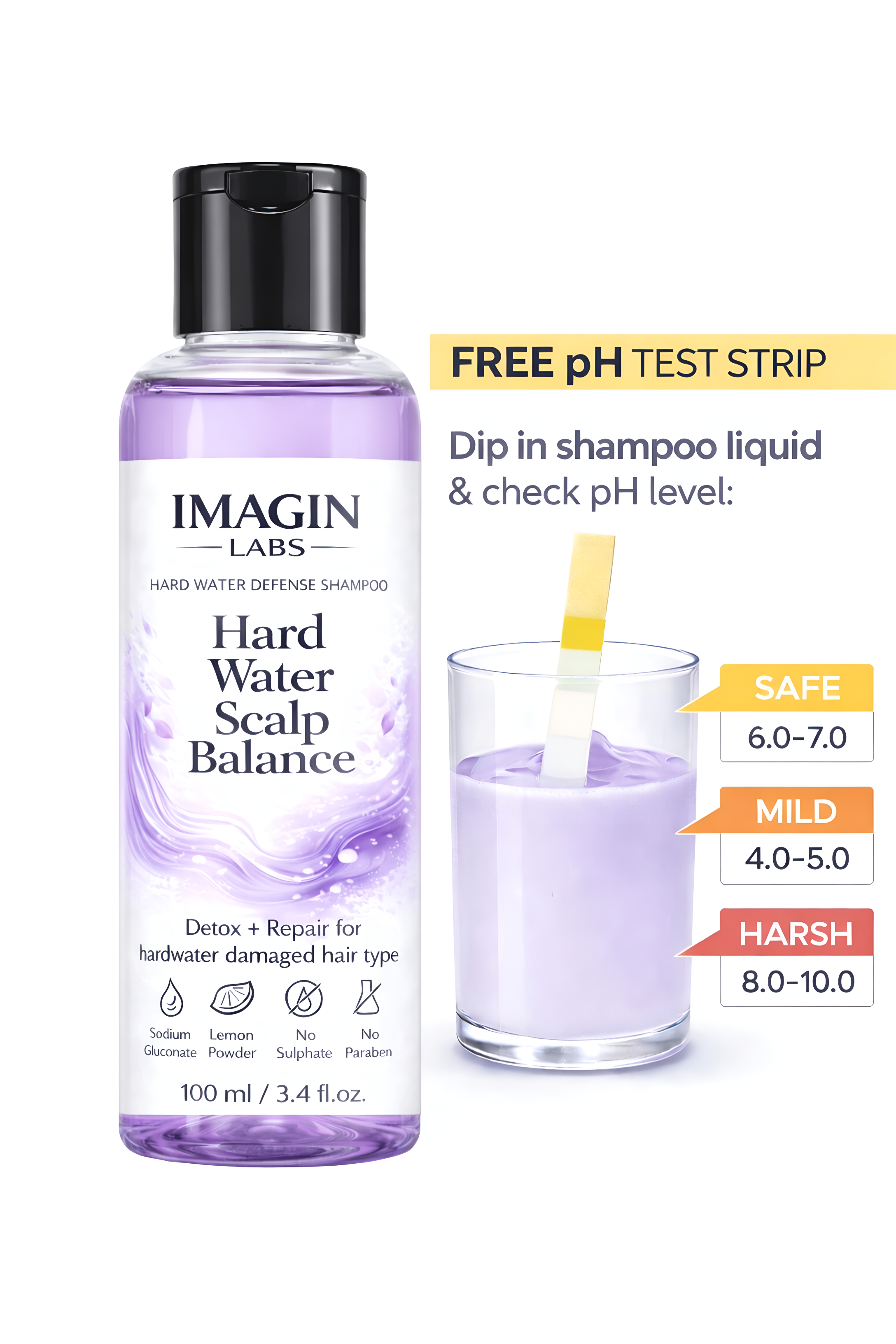 IMAGIN LABS Hard Water Shampoo 100ml | Mineral Buildup Removal for Scalp Detox | Frizz Control & Repair | Sulphate Free | For Hard Water Damaged Hair