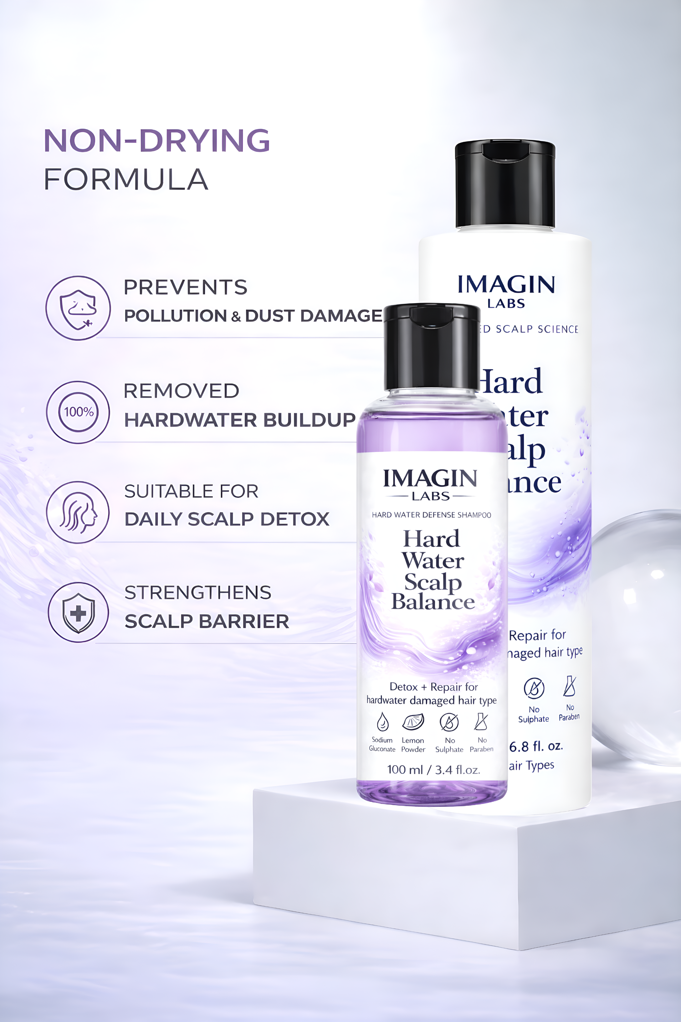 IMAGIN LABS Hard Water Shampoo 100ml | Mineral Buildup Removal for Scalp Detox | Frizz Control & Repair | Sulphate Free | For Hard Water Damaged Hair